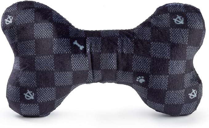 Haute Diggity Dog Chewy Vuiton Bone Plush Squeaky Dog Toy, Soft Durable Designer-Inspired Stuffed Puppy Chew Toys for Small & Medium Dogs, Machine-Washable (Black Checker) Large
