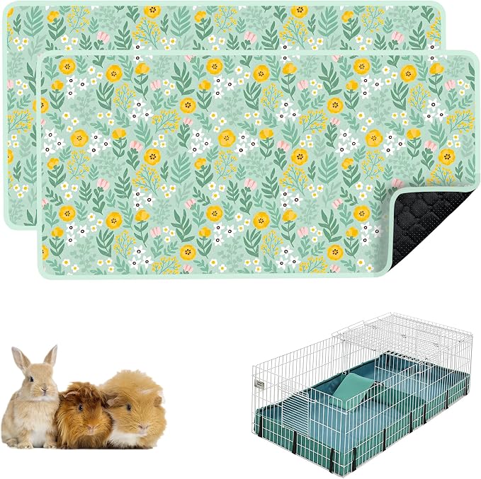 Guinea Pig Bedding, 49x24in 2 Pack Washable Guinea Pig Cage Liners, Waterproof Reusable & Anti Slip, Super Absorbent Guinea Pig Pee Pad for Midwest Cage, Small Animal, Rabbit, Bunny, Green