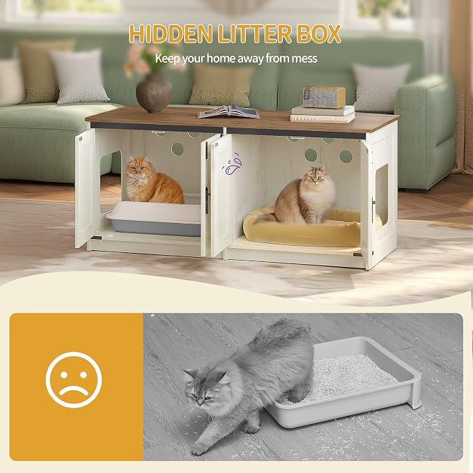 Hzuaneri Cat Litter Box Enclosure for 2 Cats, Hidden Litter Box Furniture Cabinet with Double Room, Indoor Cat House, Farmhouse Style, 46.7 x 18.9 x 21.1 Inches, Rustic Brown and White CB85314X