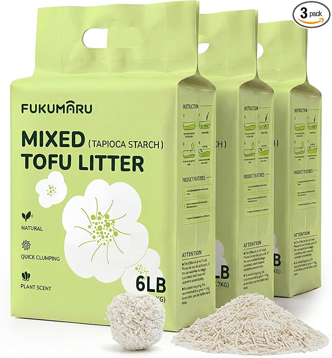 FUKUMARU Tofu Cat Litter, 18lb Clumping & Odor Management, Gardenia Scent, Bean Dregs & Cassava Starch, Low Dust, Water-Soluble, Low Tracking, High Absorbent, 6lb x 3 Bags