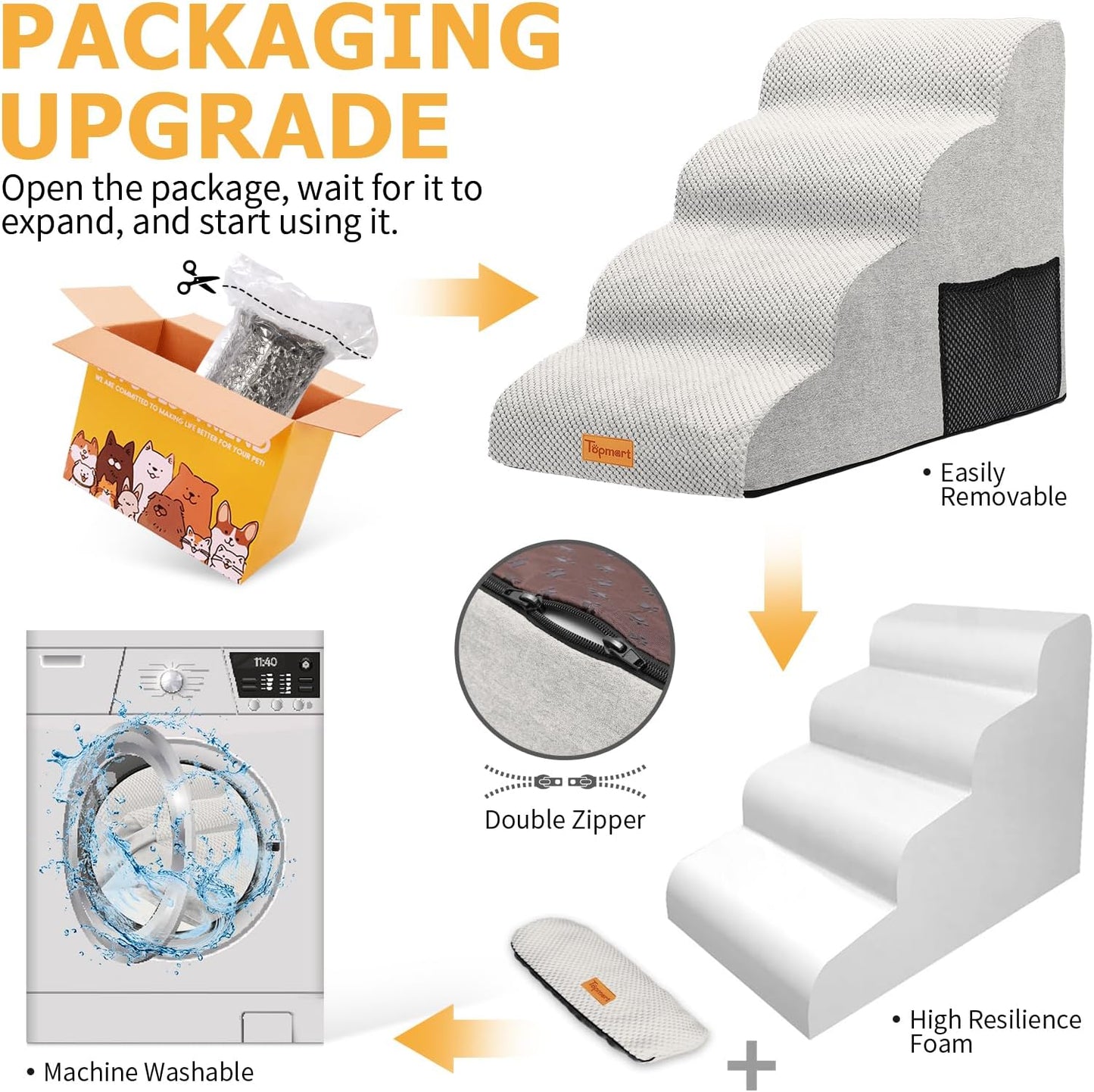 Topmart High Density Foam Dog Steps 4 Tiers,Extra Wide Deep Pet Steps,Non-Slip Dog Stairs Ramp for Bed,Soft Foam Cat Ladder,Best for Older Injured,Older Pets,Cats with Joint Pain