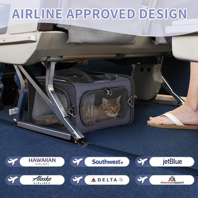 ‌Petsfit Airline Approved Pet Carrier for Small Cats, 16.5x8.6x11 TSA Approved Carrier, with Removable Dual-Sided Padding (2-Way Placement) - Fits Under Most Airplane Seats, Escape Proof (Navy)