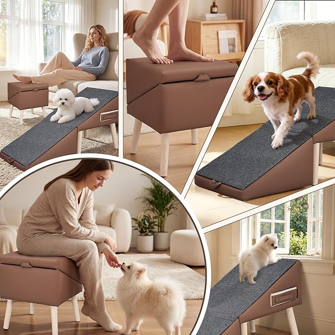 Dog Ramp for Couch and Bed, 17" H Stairs for Small to Medium Dogs and Cats Foldable Steps for Pets to Get on High Bed, Non-Slip Sturdy Ottoman Ramp with Storage Drawer, Brown