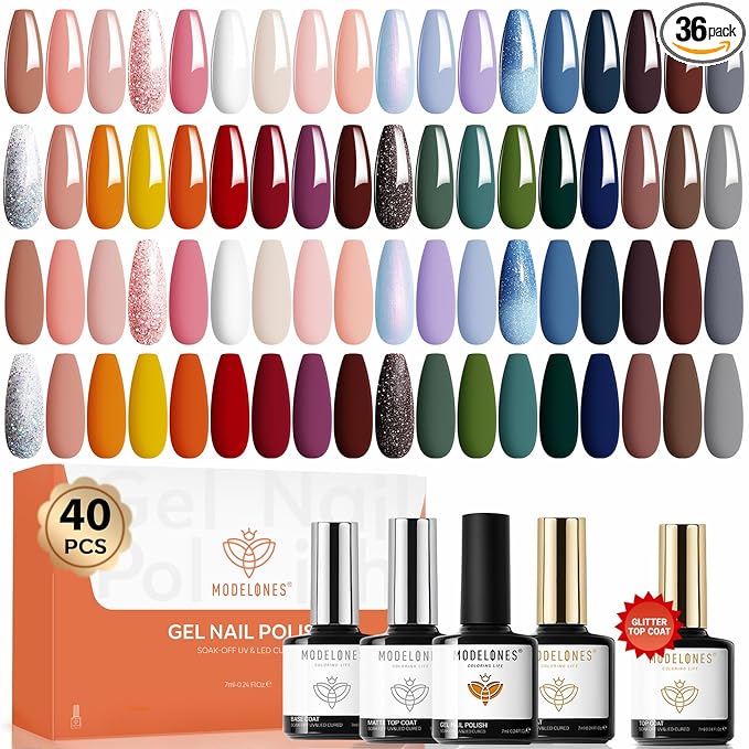 modelones 40 Pcs Gel Nail Polish Set, 36 Colors Nude Brown Green Red Gel Polish White Maroon Orange Blue Glitter Nail Polish with Base & Matte/Glossy/Glitter Top Coat LED Mani Gift