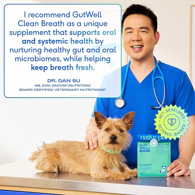 Native Pet GutWell Clean Breath - Dog Breath Freshener & Dog Teeth Cleaning Powder Cold-Pressed to Reduce Plaque, Tartar & Promote Oral Health with Triple-Biotic Blend, Brown Algae & Zinc -120 Scoops