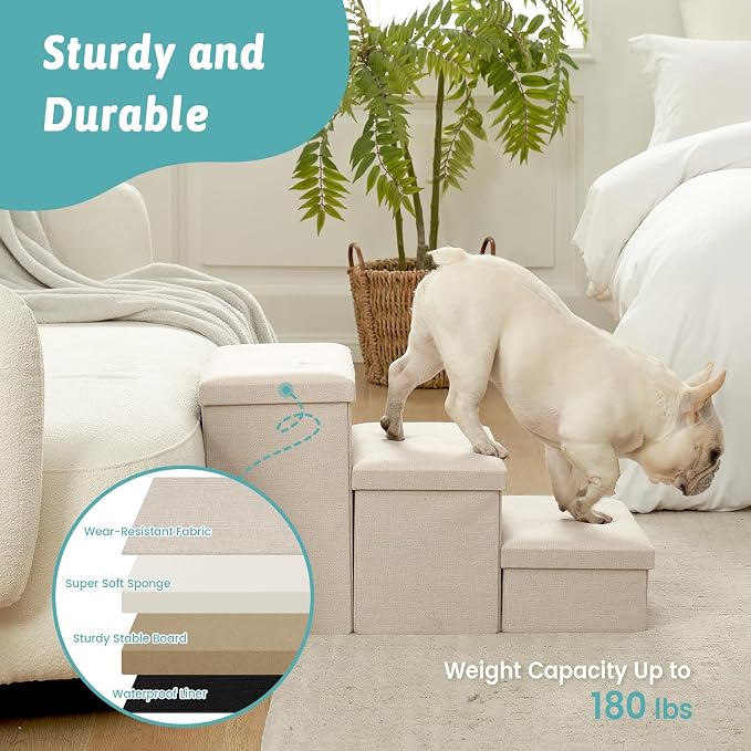 Dog Stairs with Storage, 4-Step Wider Sturdy Dog Steps for Small/Medium/Large Dogs and Older Cats, Folding Doggie Ramp for Bed/Couch/Car Hold Up to 180 lbs (22" H, Beige)