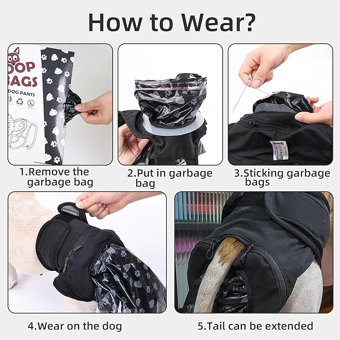 Reusable Dog Poop Pants with 50pcs Poop Bags, Adjustable Dogs Sanitary Pants for Incontinence & Outdoor Walking, Convenient Dog Poops Collection Pants for Senior and Disability Dogs M