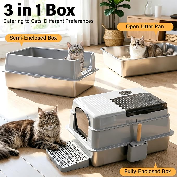 XXXL Stainless Steel Litter Box with Lid,Extra Large Enclosed Metal Cat Litter Box for Big Cats, Multiple Cats,Odor Control,Anti-Leakage, Includes Scoop & Pedal,27.75 x 19.75x 15.7 inches