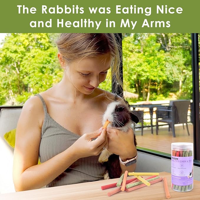 ERKOON 80Pcs Rabbit Timothy Hay Sticks, Five Flavors：PurplePotato/TimothyHay/Pumpkin/Strawberry/Carrot，Suitable Guinea Pig, Hamste, Gerbil, Chinchilla Treats, Chew Toys for Teeth for Bunnies