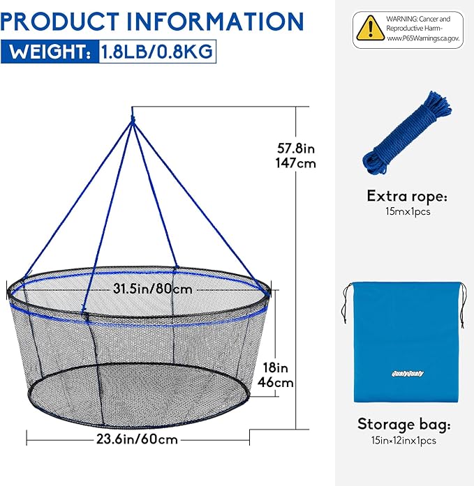 QualyQualy Foldable Fishing Net, Landing Fishing Pier Nets 31"/40" Hoop, Drop Net for Pulling Up Fish with Rope, Portable Bridge Fishing Net for Minnows, Crawfish, Shrimp