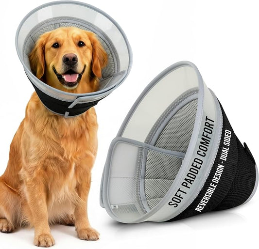 Premier Web Products Soft Dog Cone Collar To Stop Licking - Large Dog Cone, Adjustable and Reversible Design, Non-Woven Breathable Fabric, Elizabethan Recovery Collar after Surgery for Cat, Black