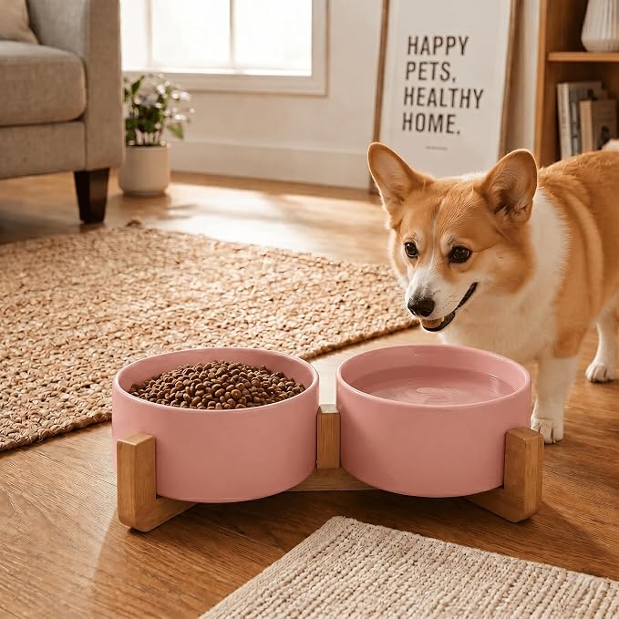 SPUNKYJUNKY Ceramic Dog and Cat Bowl with Wood Stand Non-Slip Matte Glaze Weighted Food Water Set for Cat Medium Dog 28.7 OZ