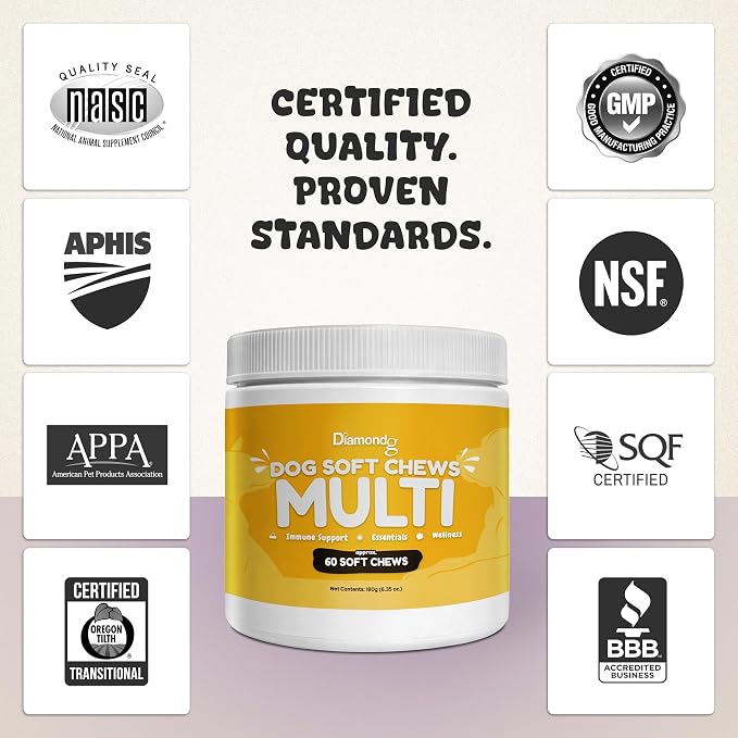 Diamondg Dog Mutivitamin Chews with Turkey Tail & Probiotics, 60ct - All in One Dog Nutritional and Health Supplement to Support Critical Immune Defense for Puppy & Senior, Daily Multivitamin for Dogs