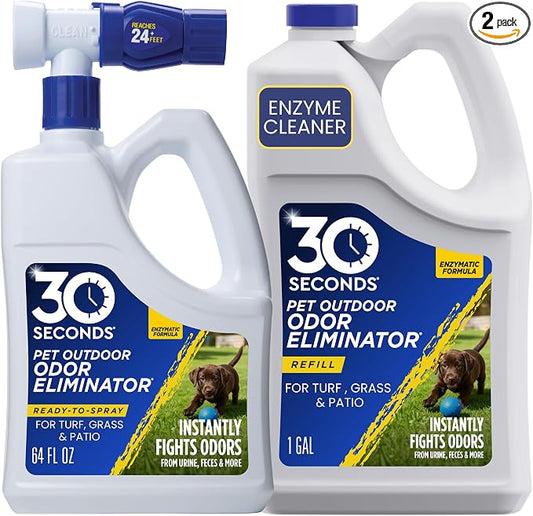 30 Seconds Outdoor Odor Eliminator for Pets, Dogs, For Grass, Turf, Lawns, Kennels & Dog runs, Enzyme Cleaner Hose Sprayer with Concentrate Refill (64 Oz Hose End Sprayer & 1 Gallon Refill Bottle)