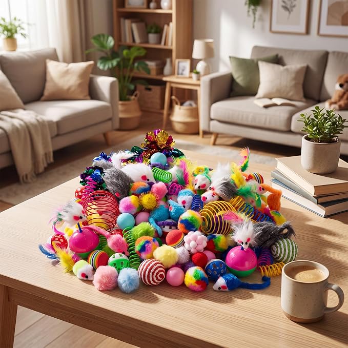 Leitee 200 Pcs Cat Toys Bulk, Interactive Kitten Toys Set for Indoor Cats with Colorful Springs Toy, Mouse Toy, Rainbow, Crinkle, Sparkle Balls, Pom Pom, Bell & Sisal Ball for Boredom Relief Exercise