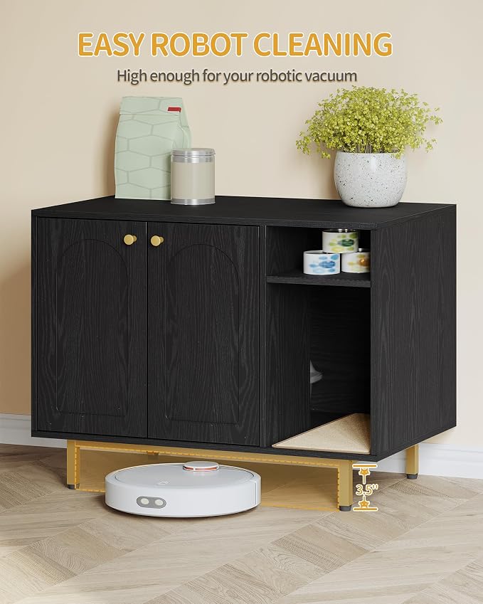 Hzuaneri Cat Litter Box Enclosure,Hidden Litter Box Furniture with Storage, Large Wooden Cabinet with Sisal Mat, Modern Cat Washroom for Living Room, Bedroom, Entryway, Black and Gold CB01504G