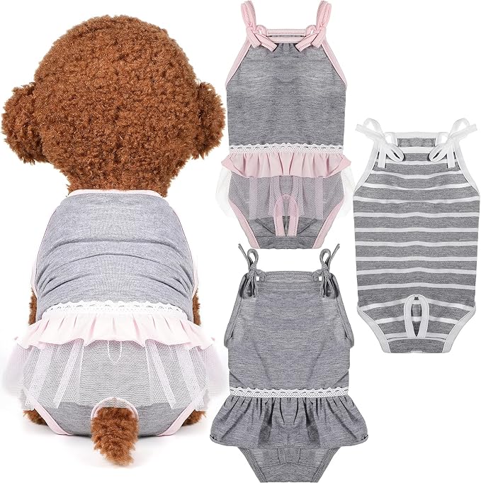 3 Pieces Reusable Female Dog Diapers with Adjustable Suspender Washable Doggy Sanitary Panties Dog Period Diapers Puppy Underwear Jumpsuits for Heat Cycle Female Doggie Pet(L)