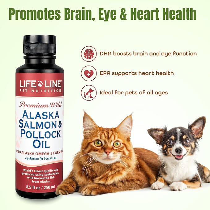 Lifeline Wild Alaskan Salmon Pollock for Dogs & Cats | Omega-3 DHA for Brain, Eye & Heart Health | Balanced Diet | EPA Supplement Promotes Healthy Fur | Anti-Inflammatory - 8.5 Oz