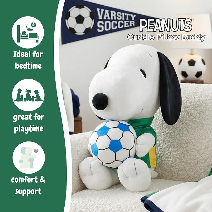 Peanuts Snoopy Soccer Plush Cuddle Pillow Buddy, Kids Bedding Super Soft Sports Pillow, 17" Tall, 2026 World Soccer Tournament (Officially Licensed Product) by Franco Collectibles