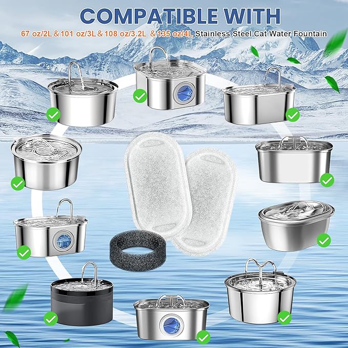 Cat Water Fountain Filters Replacement, 20 Pcs Pet Water Fountain Filter with 20 Pcs Foam Sponges for 67oz/2L & 108oz/3.2L Stainless Steel Pet Cat Water Fountain Dispenser Filters