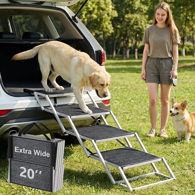 Dog Stairs for Large Dogs, 20" Extra Wide Folding Dog Ramp for Car SUV Truck, Lightweight Dog Steps with Non-Slip Surface & Aluminum Frame, Portable Pet Stairs Supports up to 250 lbs, 4 Steps
