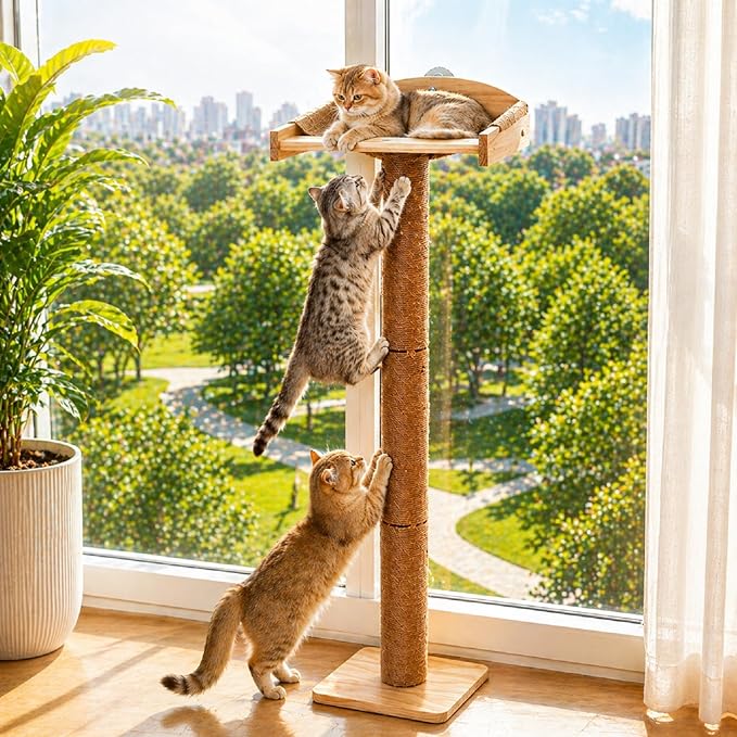 47.3'' Cat Tree Window Sill Perch with Tall Vertical Scratching Post Height-Adjustable Indoor Hammock Bed for Large Cats Suction Cup Climbing Tree Tower for Sunbathing & Bird Watching (Light Wood, M)
