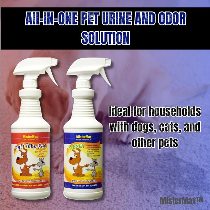 Mister Max Anti Icky Poo Enzyme Cleaner Spray Combo - Pet Urine Odor Remover & Tough Stain Remover with P-Bath (Urine Pre-Treat Conditioner)