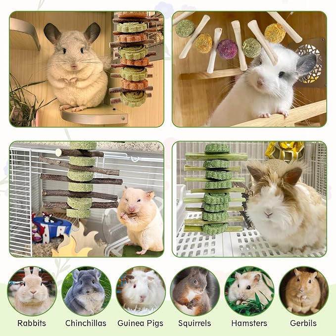 Hamiledyi 4 Pcs Rabbit Cage Mats Small Animal Plastic Feet Pads Floor Mat 4PCS Bunny Chew Toys Rabbit Toys for Teeth Grinding Natural Fruit Sticks Timothy Grass Small Animal Chew Toys and Treats
