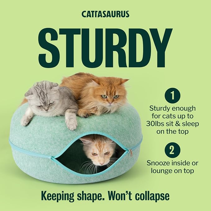 Cattasaurus Peekaboo Cat Cave Donut for Multiple & Large Cats up to 30-45 lbs, 3-in-1 Self Warming Cat Bed, Tunnel & Scratcher for Indoor Cats, Washable & Detachable Small Dog Bed (Sage Mist, Large)