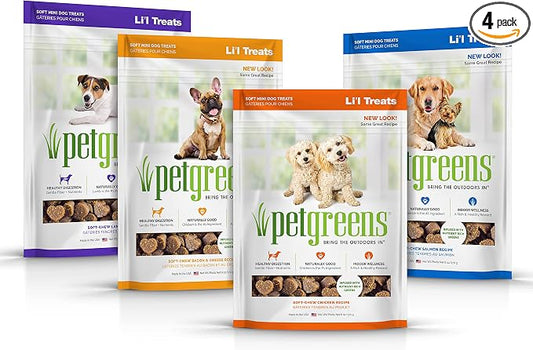 Pet Greens Natural Soft-Chew Dog Treats Infused with Supergreens, Healthy Salmon, Roasted Chicken, Tasty Lamb and Bacon and Cheese Flavors, 6 Ounces Per Pack (4 Pack Variety Pack)
