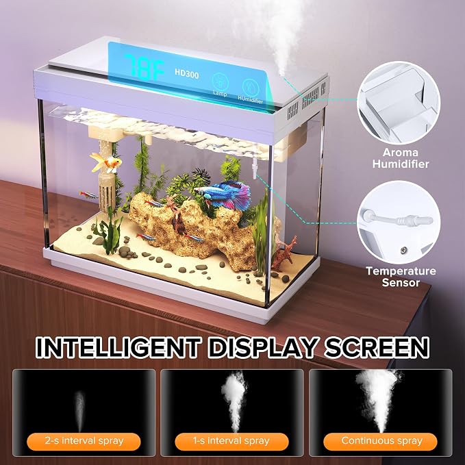 Vehipa Aquarium, 2.4 Gallon Betta Fish Tank with Heater, Humidifier 3 in 1 Pump - Filteration & Oxygenation & Circulation, Temperature Display, HD Glass, Timed 7-Color Lights