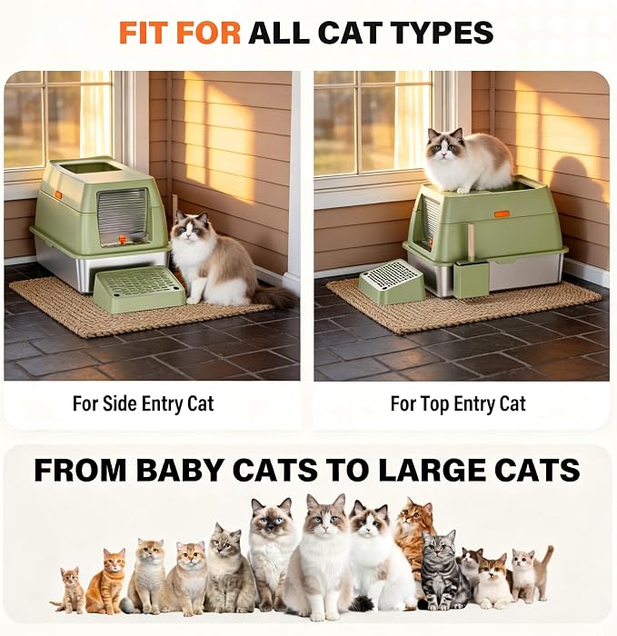 Extra Large Enclosed Stainless Steel Litter Box with lid，Front Entry Top Exit High Sided Metal cat Litter Pan，Non-Stick Easy Cleaning Anti-Urine Leakage for Big Cats，Includes Mat, Scoop & Step, Green