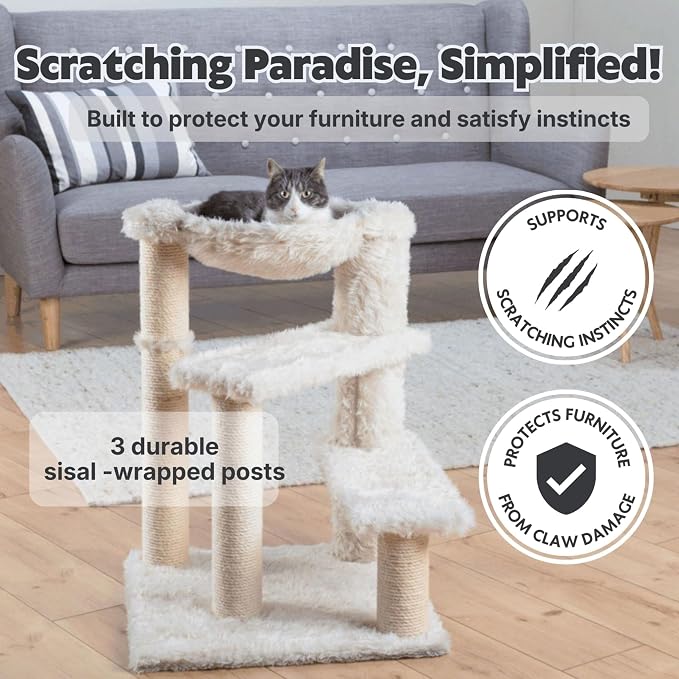 Trixie Baza Scratching Post – Cat Tower with Jute Posts, Hammock & Step Platforms – Indoor Cat Furniture for Scratching & Climbing – Cream, 19.7" x 19.7" x 27.6"