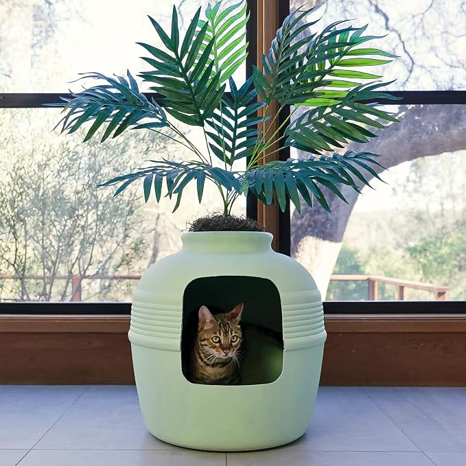 Good Pet Stuff Original Hidden Litter Box Planter, Decorative Cat Litter Enclosure, Carbon Filter, Faux Plant, Round Design, Easy to Clean, Base Kit, Palm Plant, Mint Green