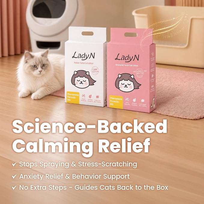 Lady N Cat Attract Tofu Litter – Natural Attractant Formula for Litter Box Training, Calming Pheromone for Multi-Cat Homes, Granular Mini-Pellet Shape for Self-Cleaning Box, 9lb