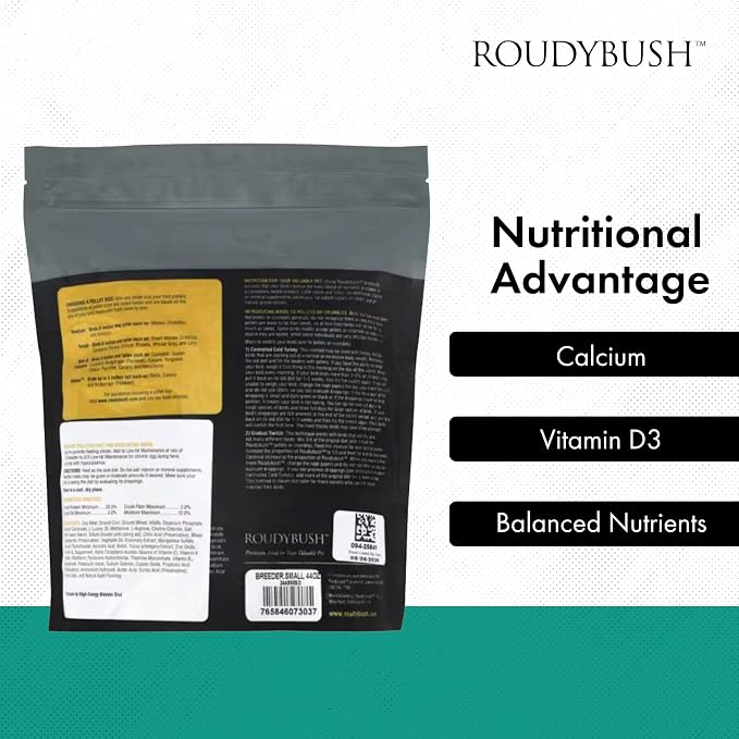 RoudyBush Breeder Food for Breeding & Weaning Birds, Pelleted Diet Made with Corn, Wheat & Soy, Daily Food for Small & Medium Parrots, Small Pellet, 44 OZ