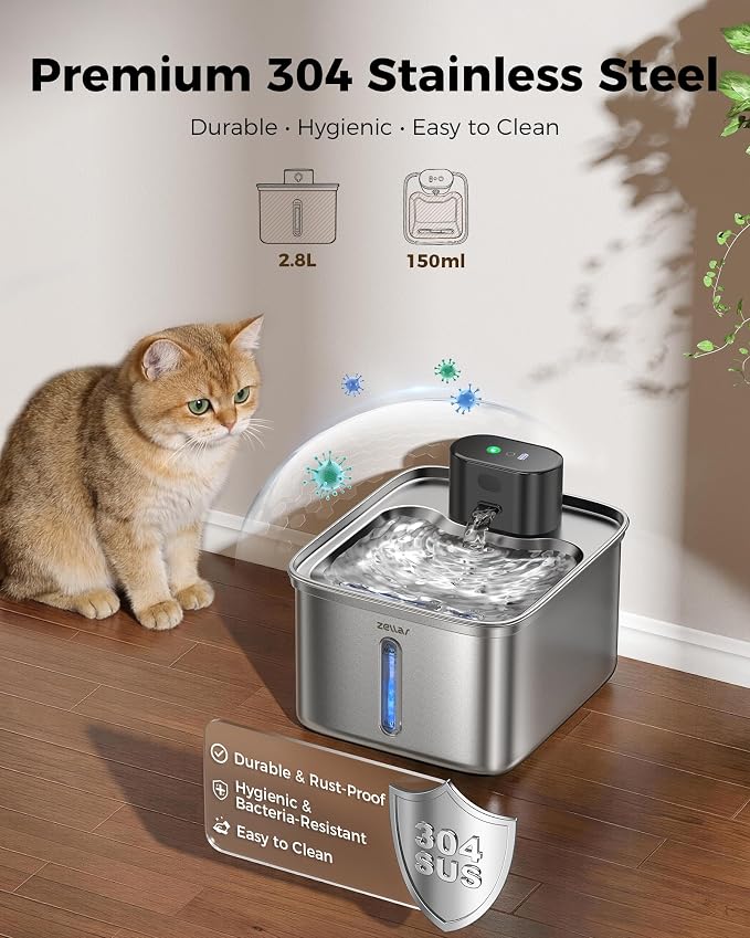 Zellar Wireless Cat Water Fountain, 99oz/2.8L Pump-Free Ultra-Quiet Pet Water Dispenser, 304 Stainless Steel with Multi-Layer Filtration, 3 Smart Modes & Motion Sensor, Fountain for Cats/Dogs