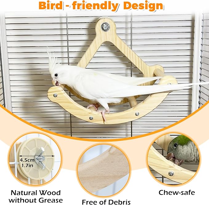 2PCS Natural Wood Bird Spinner Toys & Rocking Perch Set - Chewing Hanging Toys with Bells & Window-Mounted Perch for Cockatiel, Conure, Lovebird, Budgie, Quaker