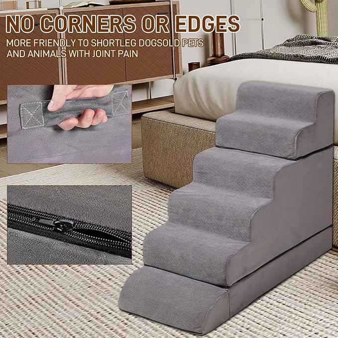 Dog Stairs for High Beds Up to 24-30"，Non-Slip 6 Steps Pet Stairs for Small Medium Dogs & Senior Cat，Washable Cover