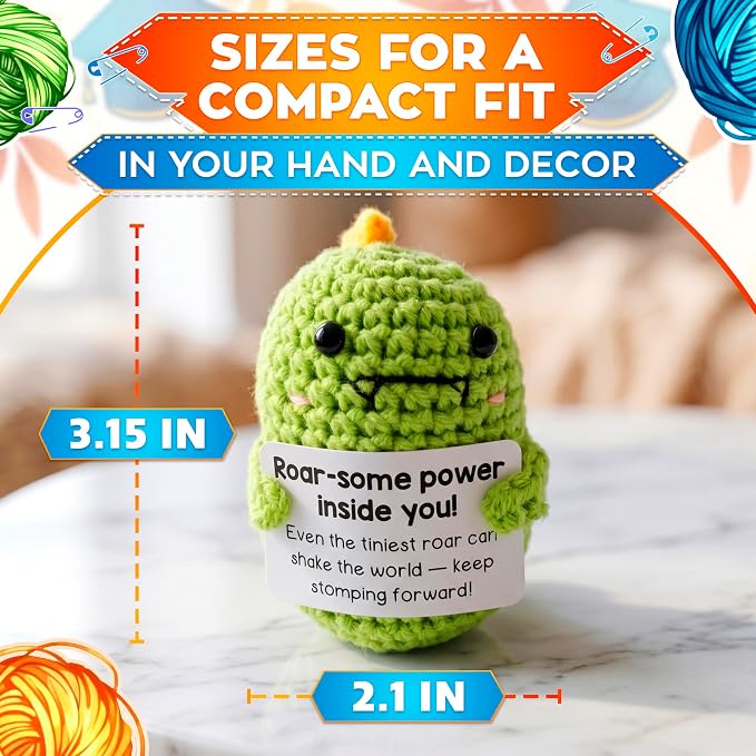 Reluen Crochet Dinosaur, Roar-Some Power Inside Handmade Mini Dinosaur Crochet Animal with Inspirational Affirmation Card, Dinosaur Desk Accessories Gift for Women Men Adults Mom Daughter Coworker