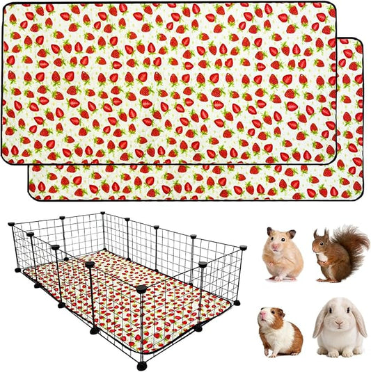 2 Pack Guinea Pig Cage Liners, 12"x 24" Washable Waterproof Bedding for Rabbit, Bunny, Hamster & Small Animals, Reusable Super Absorbent Pee Pads for C&C Cage, Strawberry Print