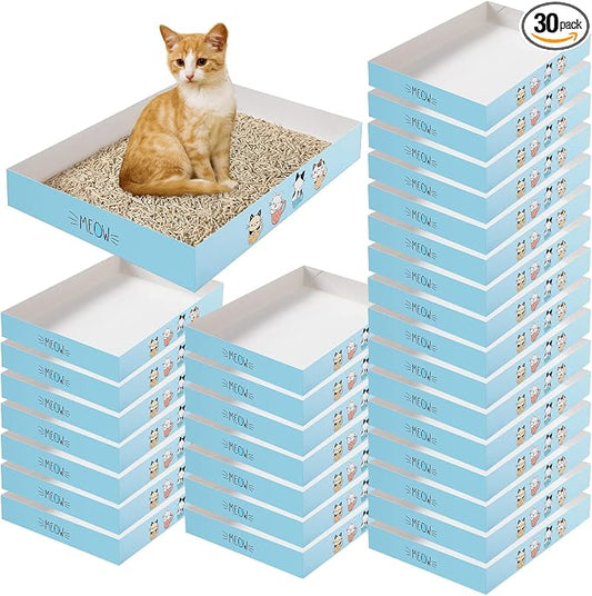 Roshtia 30 Pcs Disposable Cat Litter Box Foldable Paper Kitty Tray 13.8 x 10 x 2 Inch Portable Kitten Pan Low Entry Lightweight Cardboard(Meow,Blue)