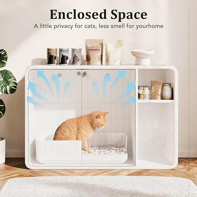 MXV 35.4" Cat Litter Box Enclosure, Hidden Wooden Cat Furniture with Slatted Doors, Mid-Century Modern Cat Washroom Storage Bench, Side End Table for Living Room, Bedroom, White