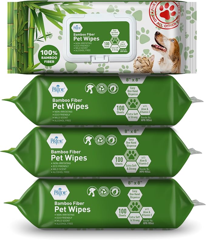 MED PRIDE 100% Bamboo Fiber Doggie Cleaning XL – Dog & Cat Cleaning Wipes with Aloe Vera – Alcohol & Paraben-Free – 8”x8” Hypoallergenic Deodorizing Grooming Wipes – 4 Packs (400 Count)