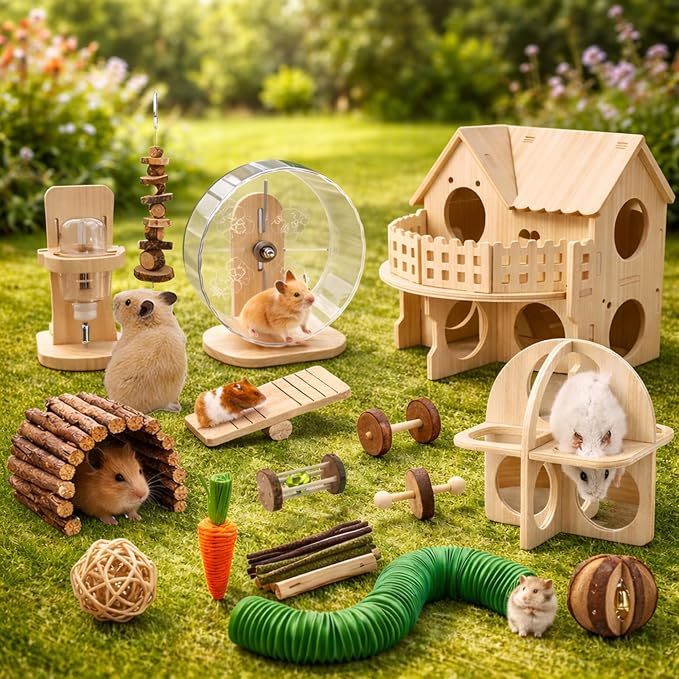 23 PCS Hamster Toys & Accessories Set – Wooden Maze House, Silent Exercise Wheel, 17 Pcs Chew Toys, Water Bottle & Hamster Fitness Toy for Hamsters, Rats & Small Animal Cage Accessories (Green)