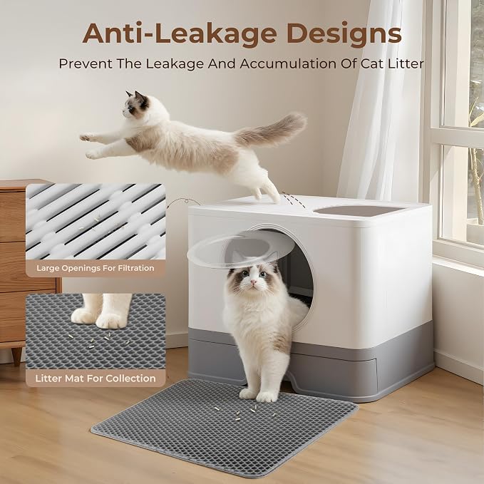 XXXL Stainless Steel Litter Box with Lid, Front Entry & Top Exit, Drawer Design, Scoop & Mat, for Maine Coon, Big & Multi-Cat Homes