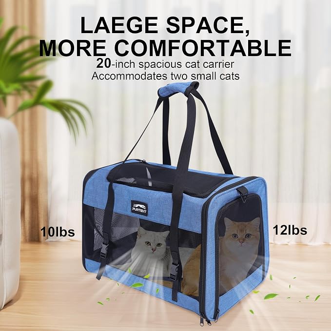 Soft Sided Cat Carrier for Large Cats, Pet Carrier for 2 Cats or Small Dogs Up to 25Lbs, Large Cat Carrier with Shoulder Strap, Cat Car Carrier with Safety Rope, Cat Carriers 20x13x13 inches, Blue