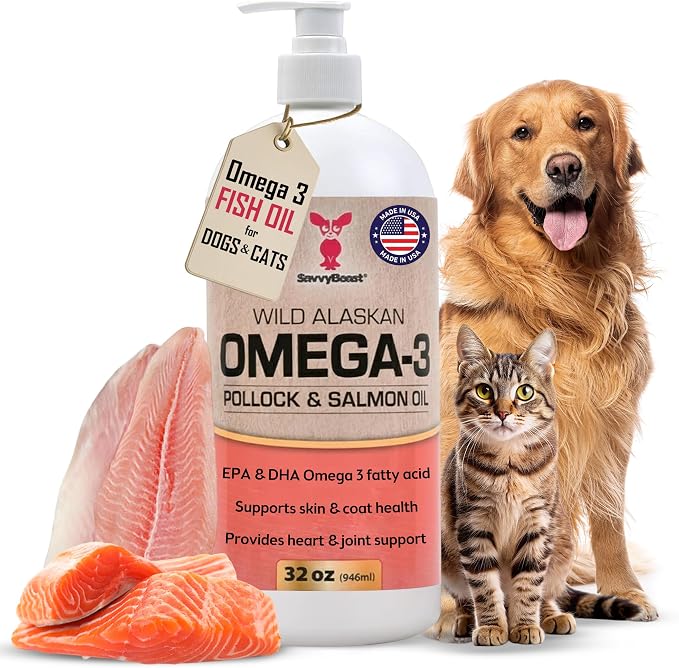 SavvyBeast Pollock & Salmon Oil for Dogs & Cats - Omega 3 Fish Oil Supplement with EPA & DHA - All-Natural Wild Caught Oil Supports Skin & Coat, Joint, Heart & Immune Health - Made in USA - 32 oz