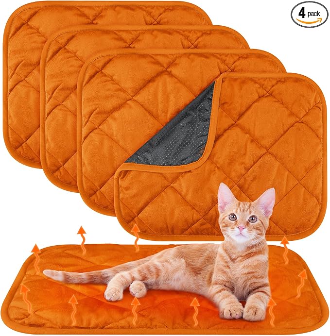 4 Pack Self Heating Cat Pad Self Warming Dog Mat Reflects Body Heat Extra Warm Thermal Pet Pad Washable Dog Cat Bed Crate Bed Mat Blanket(19 x 27.5 Inch,Orange)