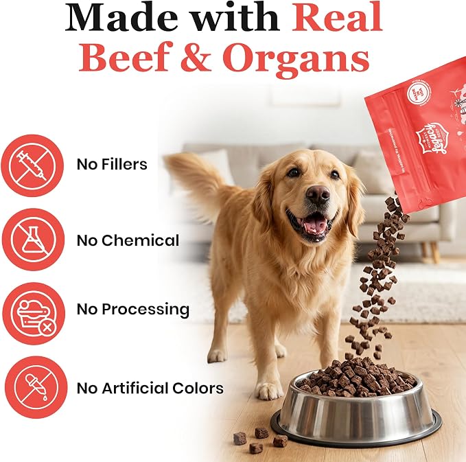 Freeze Dried Raw Beef & Organ Raw Dog Food, 80/10/10 Recipe with Beef, Organs & Ground Bone, High Protein Grain Free Freeze Dried Dog Food Topper for Dog's of All Life Stages, Made in USA, 14 Oz